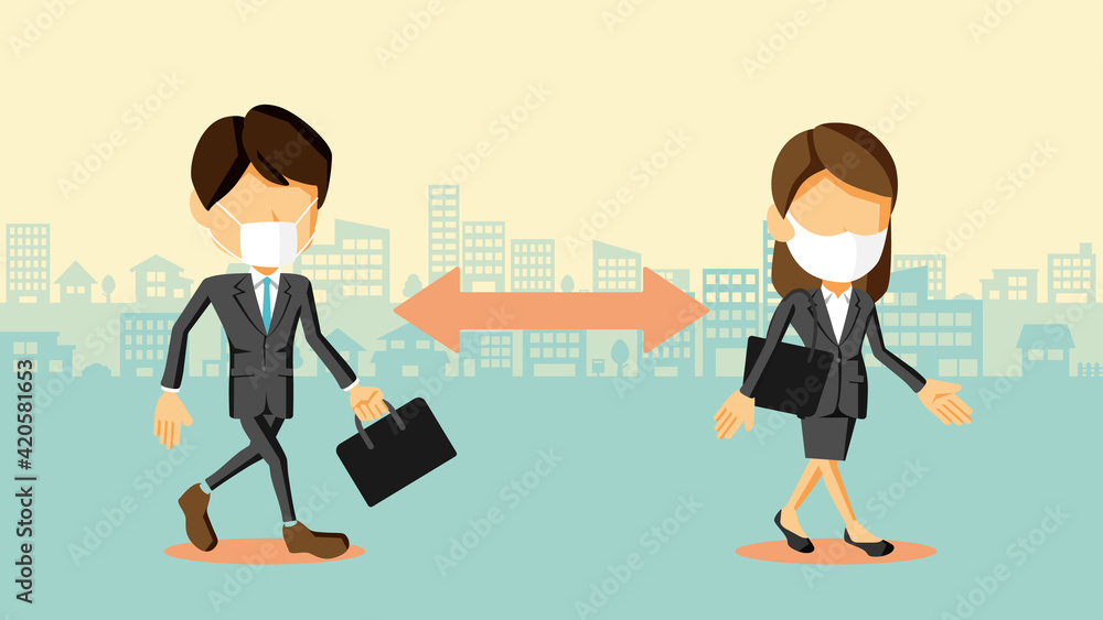 Fototapeta premium 距離を空けて通勤するスーツ姿の男性と女性のイラスト 
