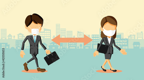 距離を空けて通勤するスーツ姿の男性と女性のイラスト	