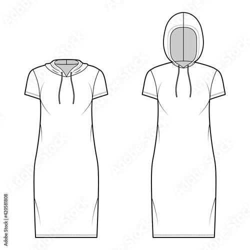 Set of Hoody dresses technical fashion illustration with short sleeves, knee length, oversized body, Pencil fullness. Flat apparel template front, white color style. Women, men, unisex CAD mockup