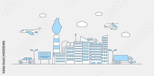 Modern city landscape vector flat line illustration. Buildings, car, truck, plane, helicopter icons for mobile application or website design. Urban landscape with factory chimneys and skyscrapers.