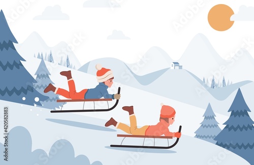 Kids riding on sleds vector flat illustration. Happy children sledding on sleds. Snowy landscape, winter forest. Boy and girl having fun, sledding downhill during winter. Winter outdoor activity.