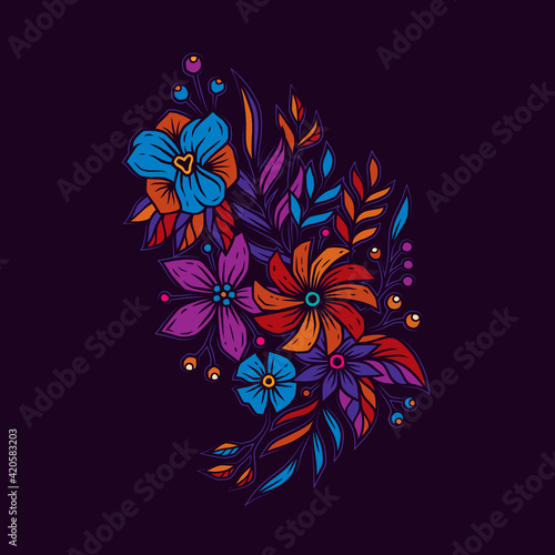 Original vector illustration in neon style. A bright bouquet of flowers.