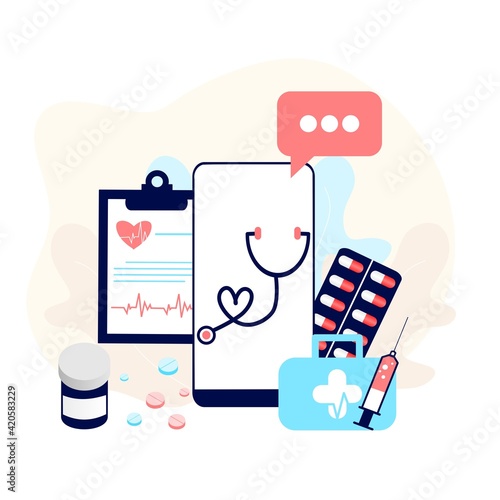 Online tele medicine flat illustration concept. Online medical consultation and treatment via application of smartphone connected internet clinic. Online ask doctor consultation in 3D mobile vector.