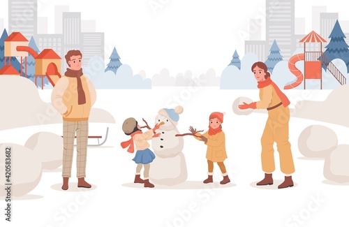 Happy smiling parents spending weekends with their children outdoor at winter city park vector flat illustration. Mother, father and kids making snowman together at children playground.