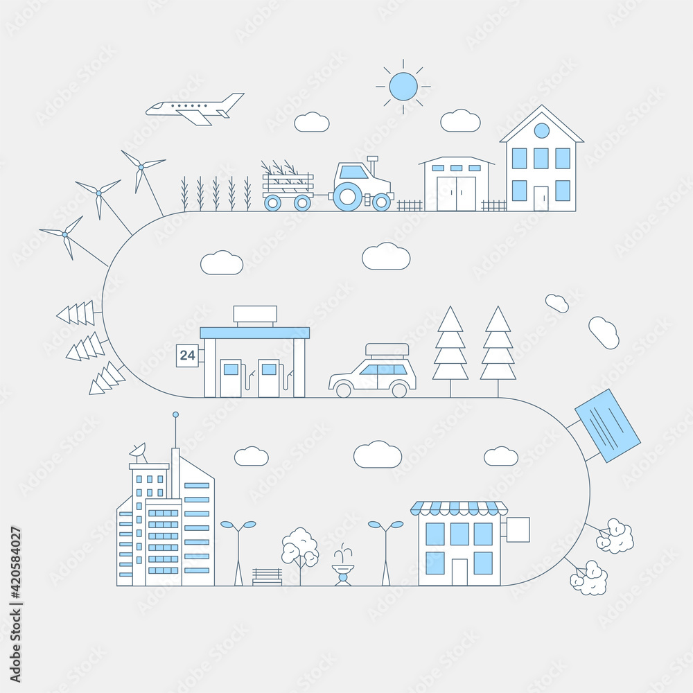 Road from town to village vector flat line illustration. Winding route with city buildings, park, gasoline fuel station, car with baggage on the roof, forest, tractor and suburban house. Road from town to village vector flat line illustration. Winding route with city buildings, park, gasoline fuel station, car with baggage on the roof, forest, tractor and suburban house.