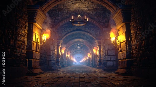 Scary endless medieval catacombs with torches. Mystical nightmare concept. The seamless loopable animation is designed for fantasy, mystical or historical backgrounds. photo