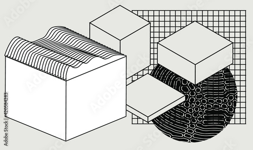 Abstract artwork with a bold surrealist geometric composition of shapes and forms. Black and white cube with a grid pattern. Minimal contemporary art for wall poster.