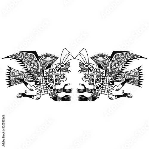 Symmetrical design with two flying anthropomorphic birds. Ancient Peruvian Native American art of Mochica or Moche Indians. Ethnic tribal folk style. Black and white silhouette.