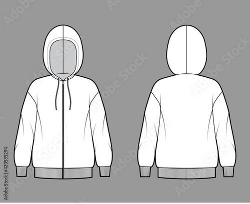 Zip-up Hoody sweatshirt technical fashion illustration with long sleeves, oversized body, knit rib cuff, banded hem. Flat extra large template front, back, white color. Women, men, unisex CAD mockup