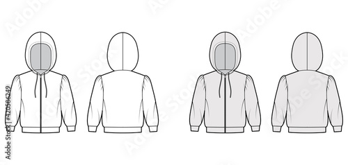 Zip-up Hoody sweatshirt technical fashion illustration with elbow sleeves, relax body, hem, drawstring. Flat small apparel template front, back, white, grey color style. Women, men, unisex CAD mockup