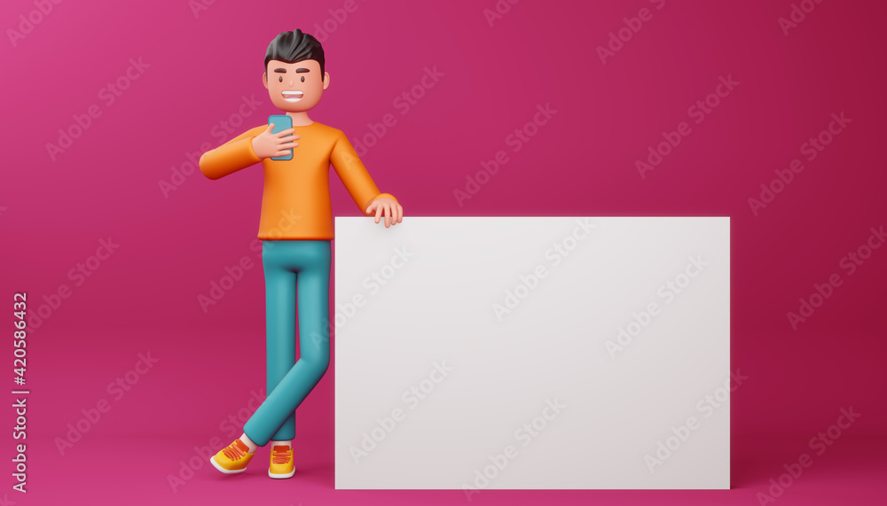 Happy man with phone and blank screen, Online Shopping, 3d rendering. Happy man with phone and blank screen, Online Shopping, 3d rendering.