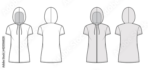 Zip-up Hoody dress technical fashion illustration with short sleeves, mini length, oversized body, Pencil fullness. Flat top template front, back, white, grey color. Women, men, unisex CAD mockup