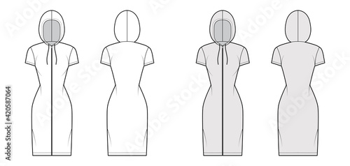 Zip-up Hoody dress technical fashion illustration with short sleeves, knee length, fitted body, Pencil fullness. Flat apparel template front, back, white, grey color style. Women men unisex CAD mockup