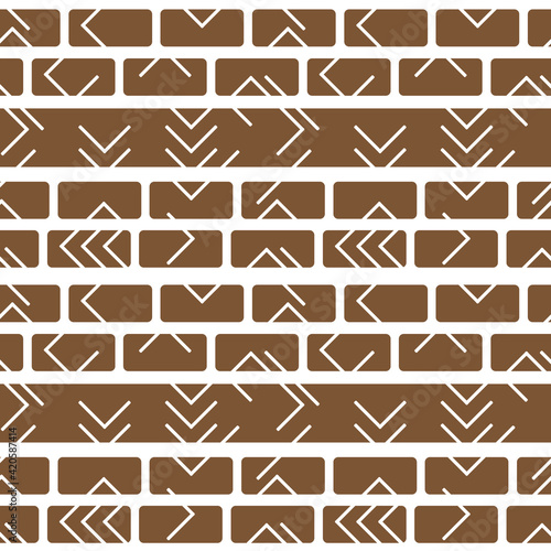 Tribal vector brown white monochrome abstract geometric seamless border pattern. Illustration contains lines, rectangles like bricks wall. Horizontal winter print stripes for textiles or wallpaper.