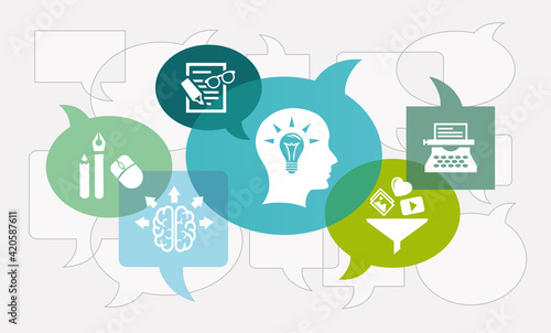 creative writing vector illustration. Concept with connected icons related to things used by an author or writer - journalism, storytelling, education, inspiration or creative content creation.