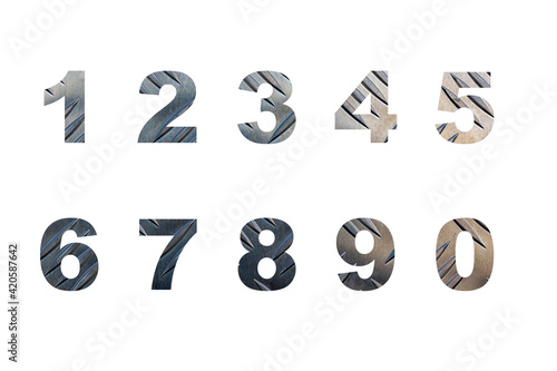 Numbers from one to ten isolated on white background with a background texture from an aluminium plate