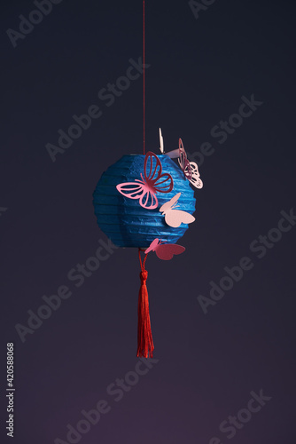 Blue Chinese paper lantern for mid autumn festival photo