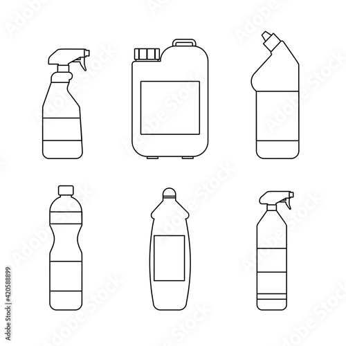Plastic containers Vector icons set in outline style Six bottles for cleaning and disinfection isolated on white background