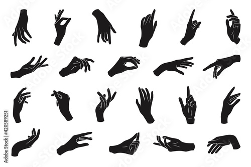 Set of various black silhouette woman hands. Vector collection of female hands of different gestures. Trendy minimal style for logos, prints, designs, illustrations.