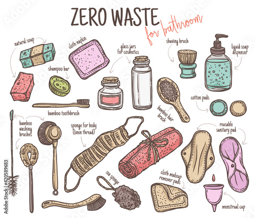 Vector set of durable items and products for zero waste home and bathroom. Ecological lifestyle collection of cosmetics care products, brushes, washing, feminine hygiene. Linear hand drawn doodle