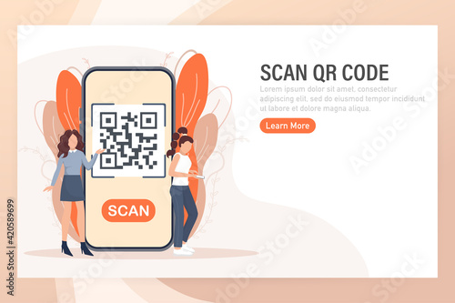 Scan qr code people, great design for any purposes. 3d vector background. Flat design. Vector character illustration.