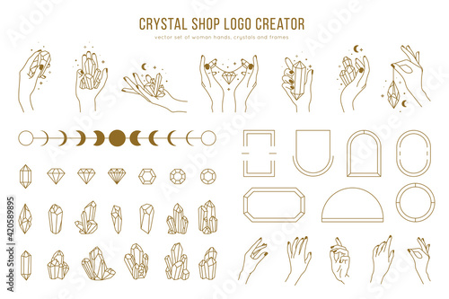 Fotótapéta Crystal shop vector logo creator with different woman hands, frames, gemstones and female hands holding crystals