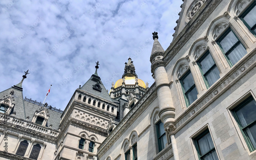 Connecticut State Capitol, Hartford, Connecticut, USA. This building was designed by Richard Upjohn with Victorian Gothic Revival style in 1872.