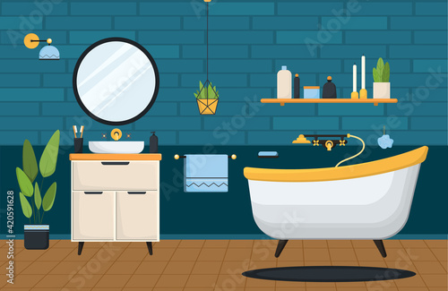 Bathroom. Clean bathroom with bathtub with sink and accessories in a modern style. Flat vector illustration. Modern bathroom interior with bathtub. Bathroom with furniture. Bathroom interior