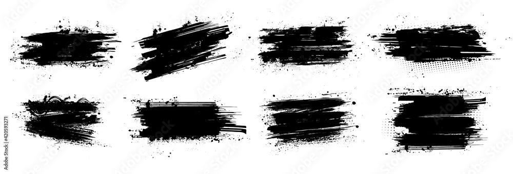 Ink brushstroke and paintbrush template with splashes grunge. Vector set black ink brush stroke. Dirty artistic design elements. Grunge splatter, dirt stain, brush with drops blots. Vector ink box
