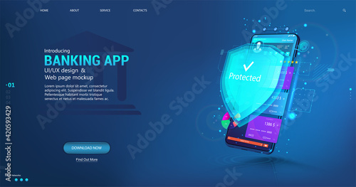 Online banking App and Data protection and money protection. Web payment with credit debit card NFC technology and High level payment security. Smartphone with UI banking App. Vector Web banner