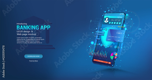 Internet Banking - Mobile Phone App with UI interface. Payments with data protection and High level security. Online banking and wallet with credit cards. Cash transaction and money storage. Vector