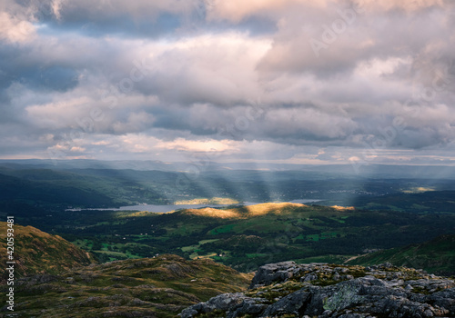 Sunset light over Lake Windermere and Black Crag from Pike of Blisco. Lake District, Cumbria, UK. photo