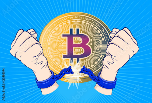 Bitcoin freedom - Hands breaking chains with coin and symbol in background. Crypto currency makes you free concept. Vector illustration.