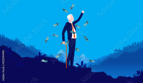 Retire rich - Happy senior man enjoying his pension money, smiling with thumbs up. Finance and retirement concept. Vector illustration.