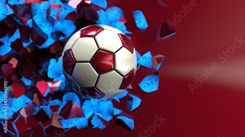 White-Red Soccer ball breaking with great force through blue illuminated wall under spot light background. 3D high quality rendering. 3D illustration. 3D CG.