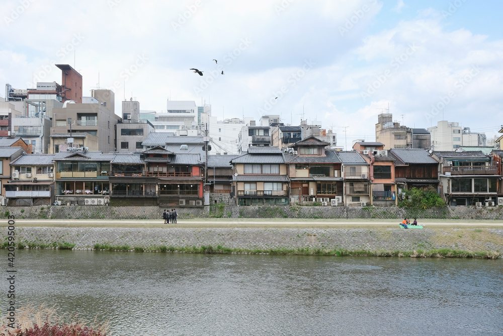 Houses along Kamo river at Kyoto, Japan Houses along Kamo river at Kyoto, Japan