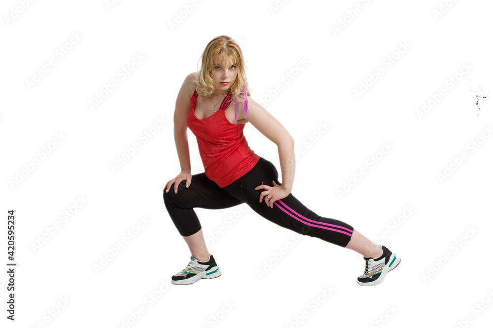 A blonde woman with overweight, engaged in sports or fitness. A blonde woman with overweight, engaged in sports or fitness.
