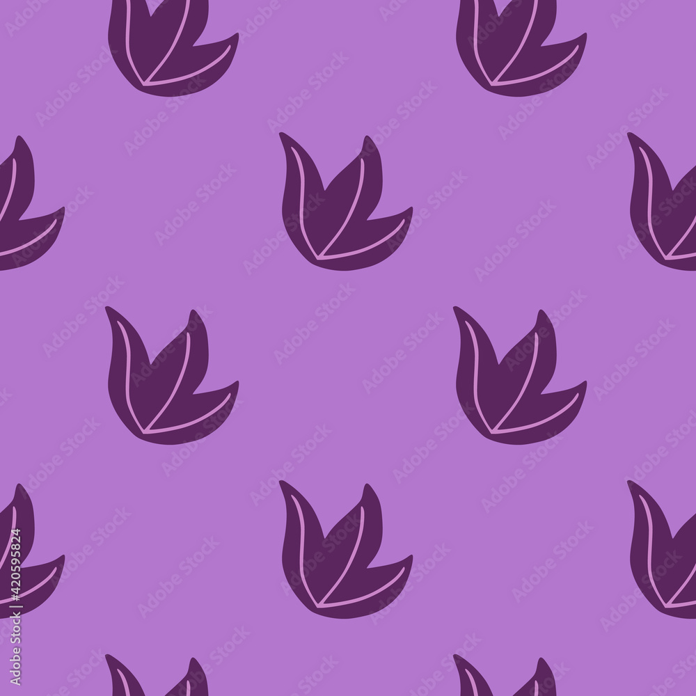 Minimalistic botanic seamless pattern with hand drawn purple leaf bush elements. Pastel background.