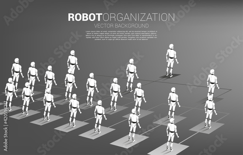 Robot standing on organization chart . Concept of artificial intelligence and machine learning, worker technology.
