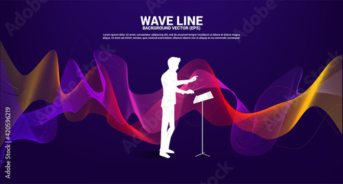 Vector silhouette of conductor with sound waves in background . Concept background for orchestra concert and recreation.