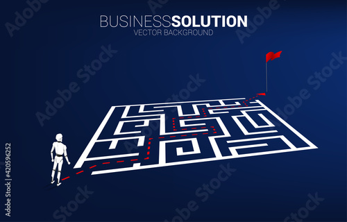 Robot standing on route path go around the maze to goal. A.I concept for problem solving and finding idea.