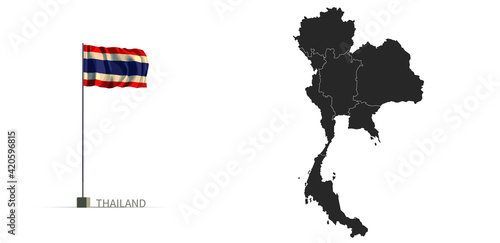Thailand map. gray country vector map, and flag 3d illustration.