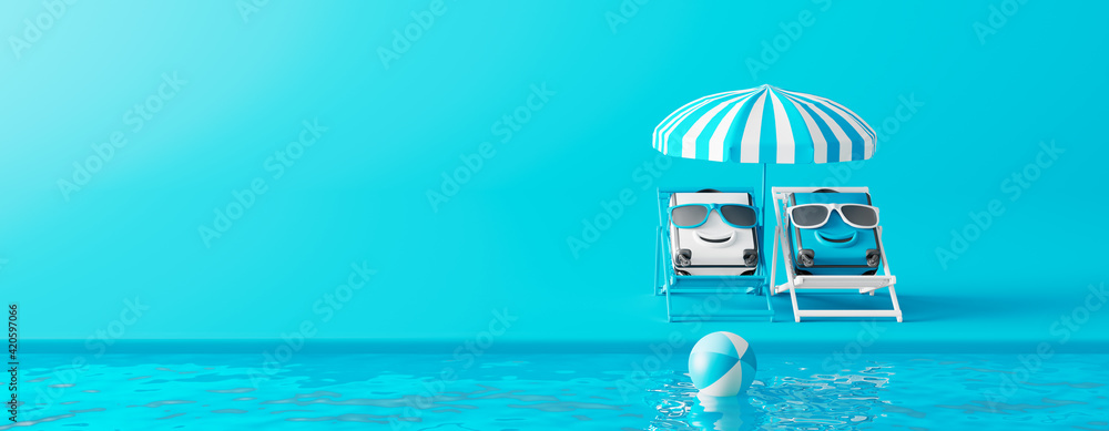 Summer suitcases with sunglasses rest on a beach chair. Creative minimal summer concept idea on blue background 3D Render 3D illustration - obrazy, fototapety, plakaty 