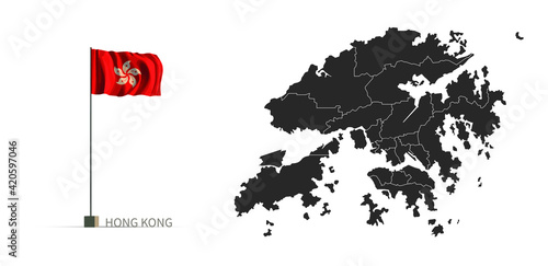 Hongkong map. gray country vector map, and flag 3d illustration.