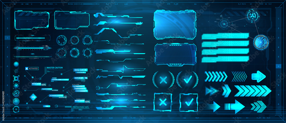Sci-fi digital interface elements HUD for Game, UI, UX, KIT. Futuristic  User Interface, frame screens, Callouts titles, FUI circle set, Loading  bars, Lines and Arrows in HUD style. Vector collection Stock Vector