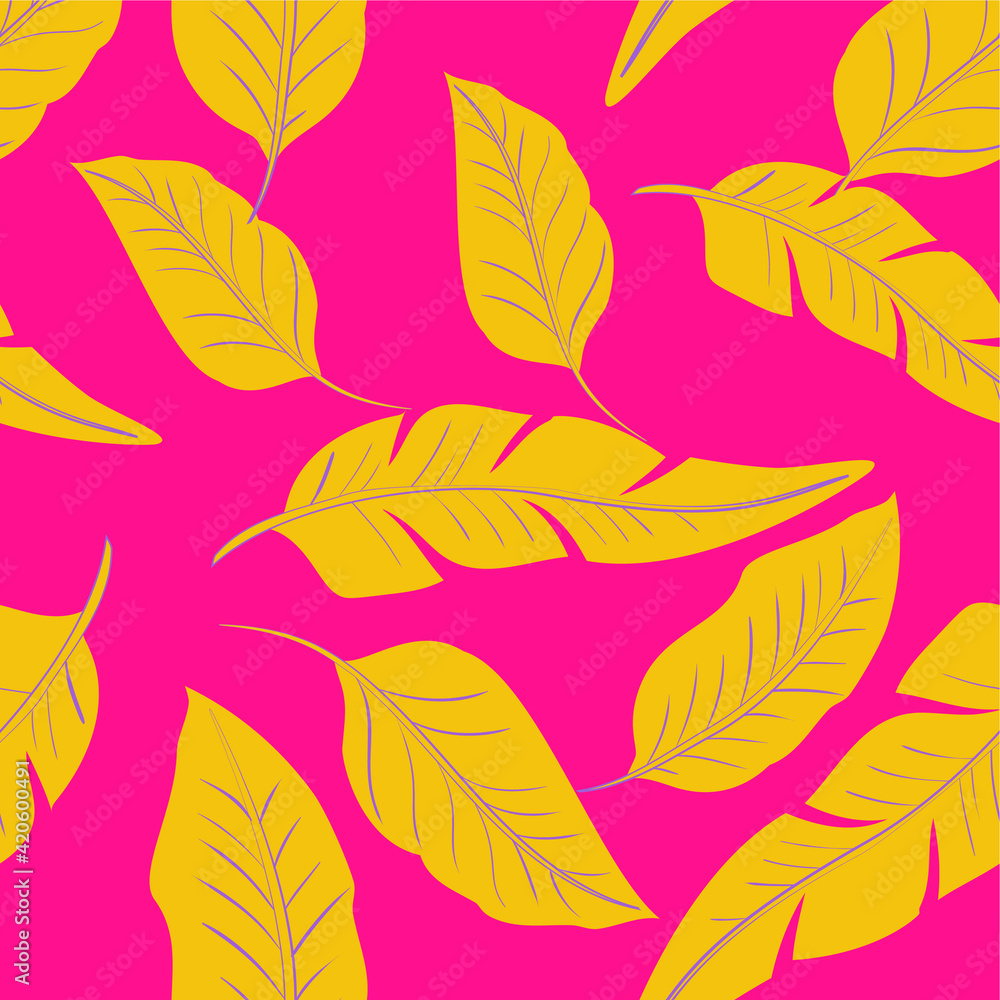 Bright seamless vector pattern with big yellow palm leaves on pink background. Good print for wrapping paper, packaging design, wallpaper, ceramic tiles, and textile