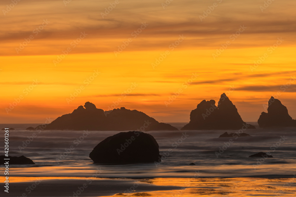 USA, Oregon, Bandon. Rocky shoreline at sunset. USA, Oregon, Bandon. Rocky shoreline at sunset.