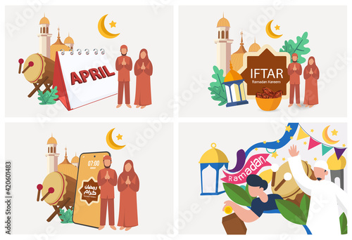 Set Ramadan Kareem Greeting card Calligraphy with Traditional lantern, moon and Mosque. Vector Illustration.  © Hugs