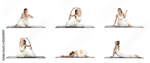 Young woman practicing yoga on white background, collage. Banner design