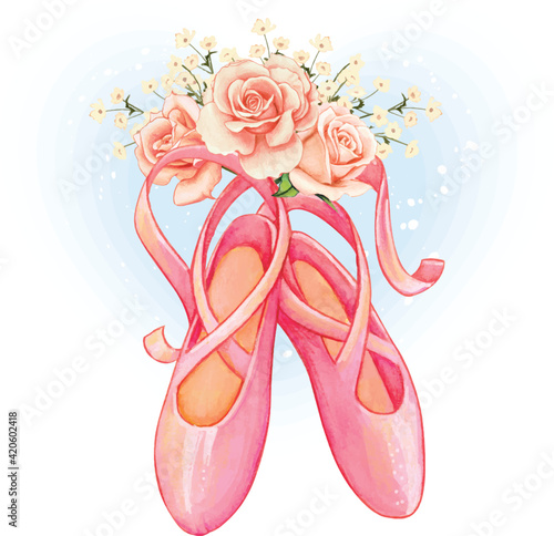 Pink ballerina shoes and roses bouquet